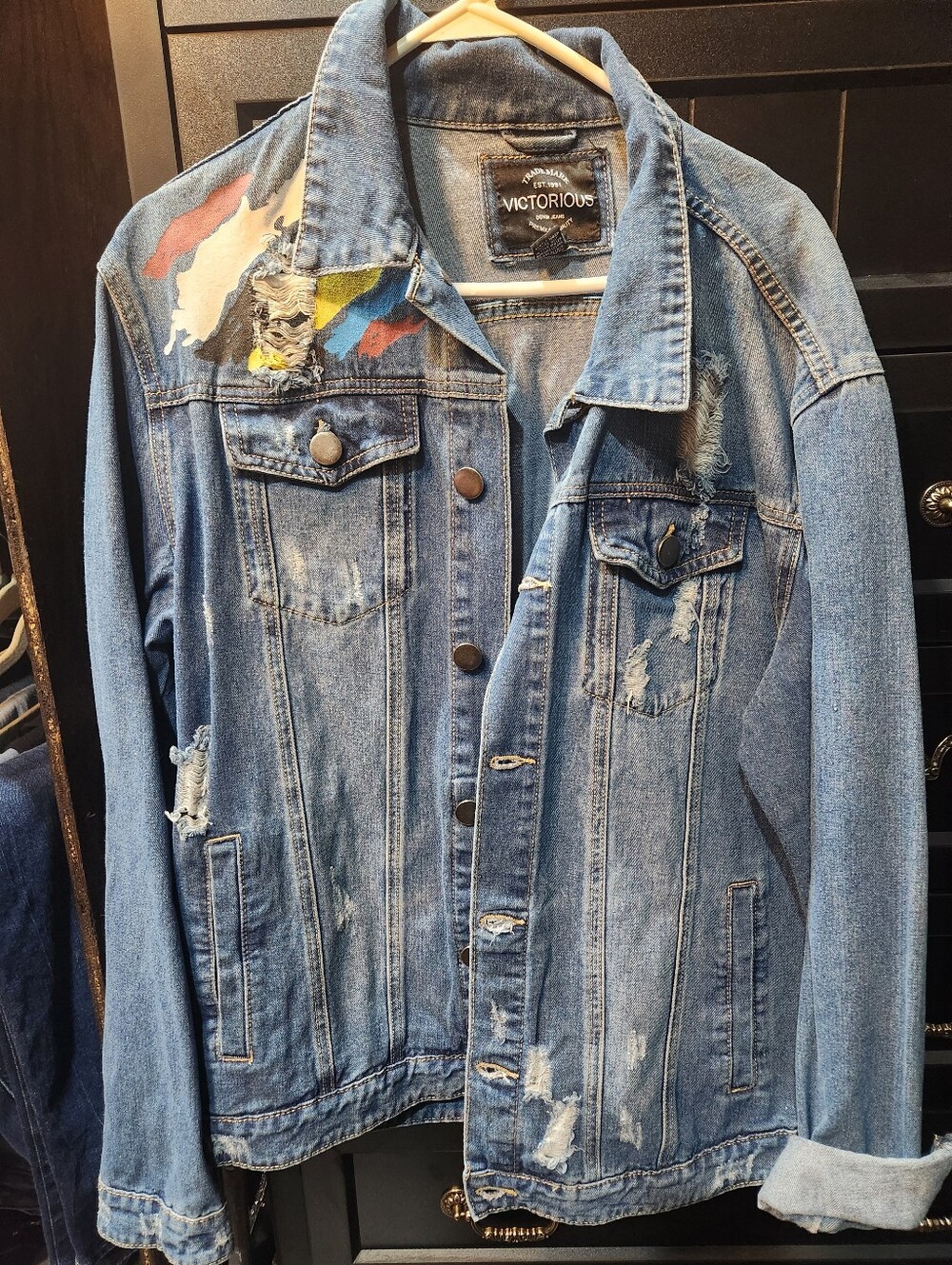 Victorious Mens Distressed Light Blue Denim Jacket with Color Accent
